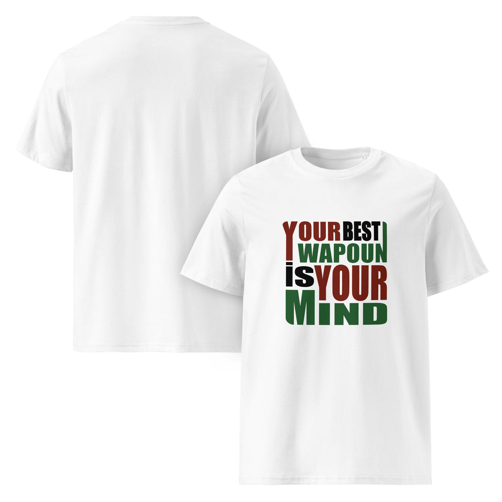 Your Best Weapon Is Your Mind white graphic tee - front and back view